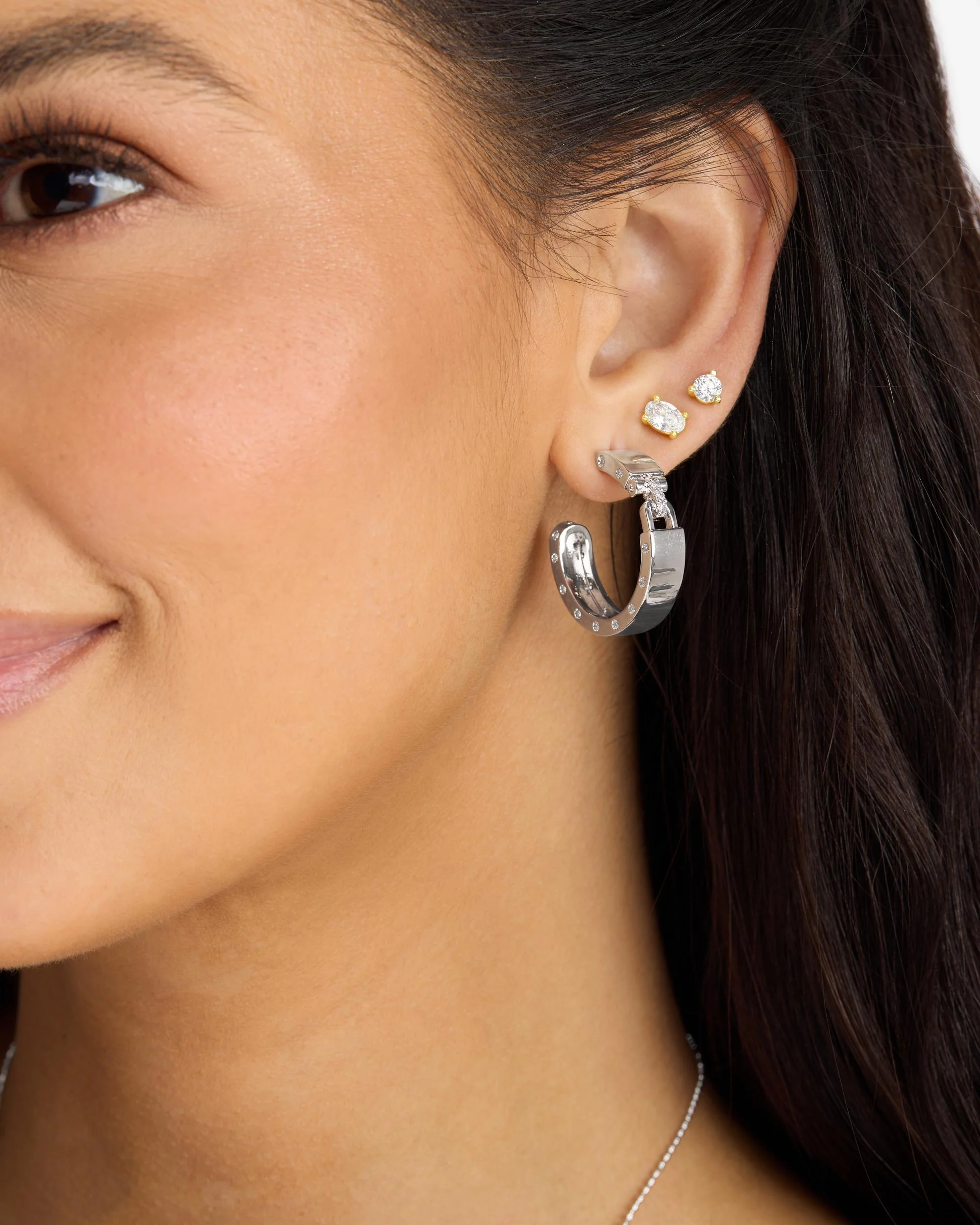 Ashley Lock Hoops 1" - Silver|White Diamondettes - Image 2