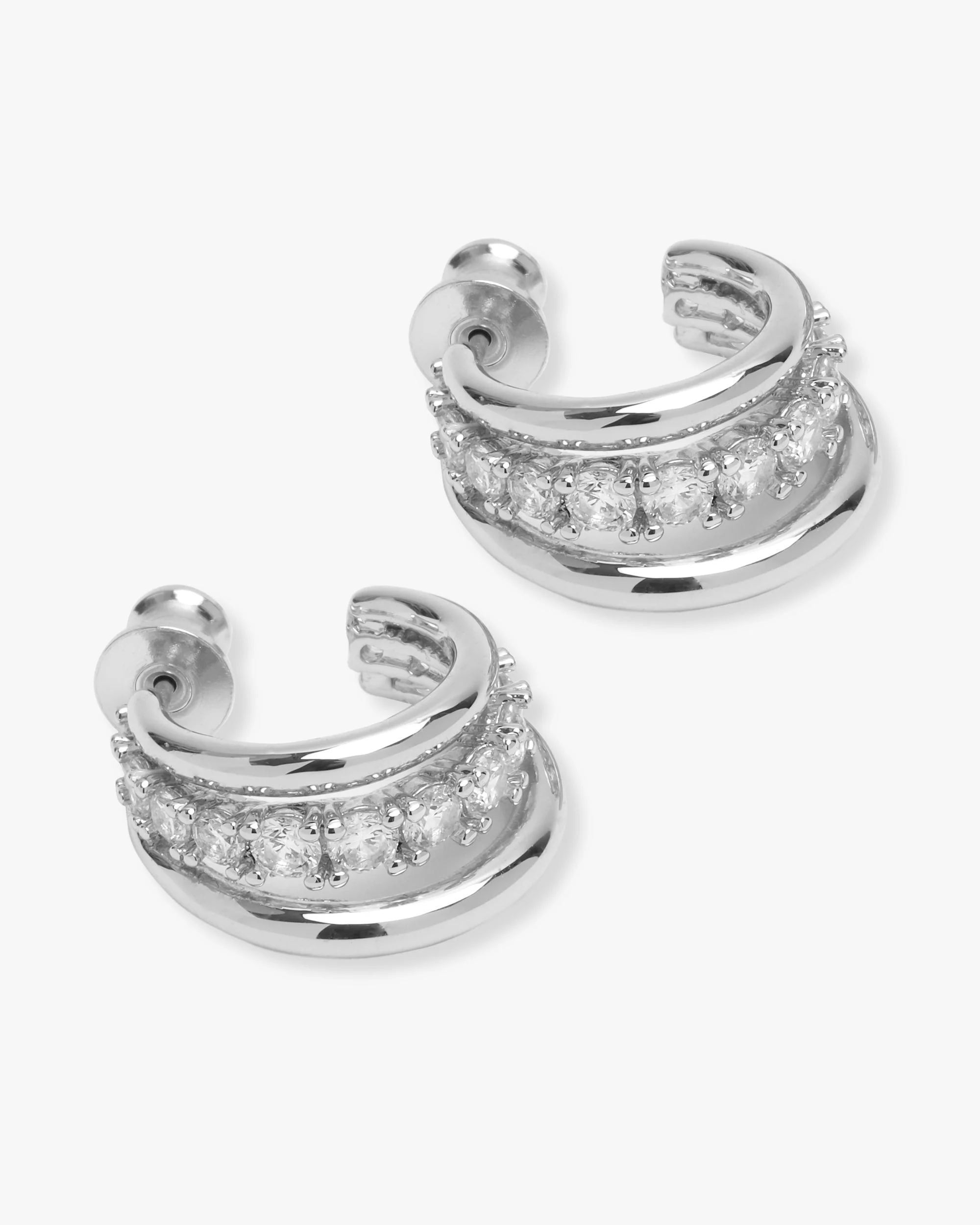 "Oh She Fancy" Smooth & Diamond Hoops - Silver|White Diamondettes - Image 3