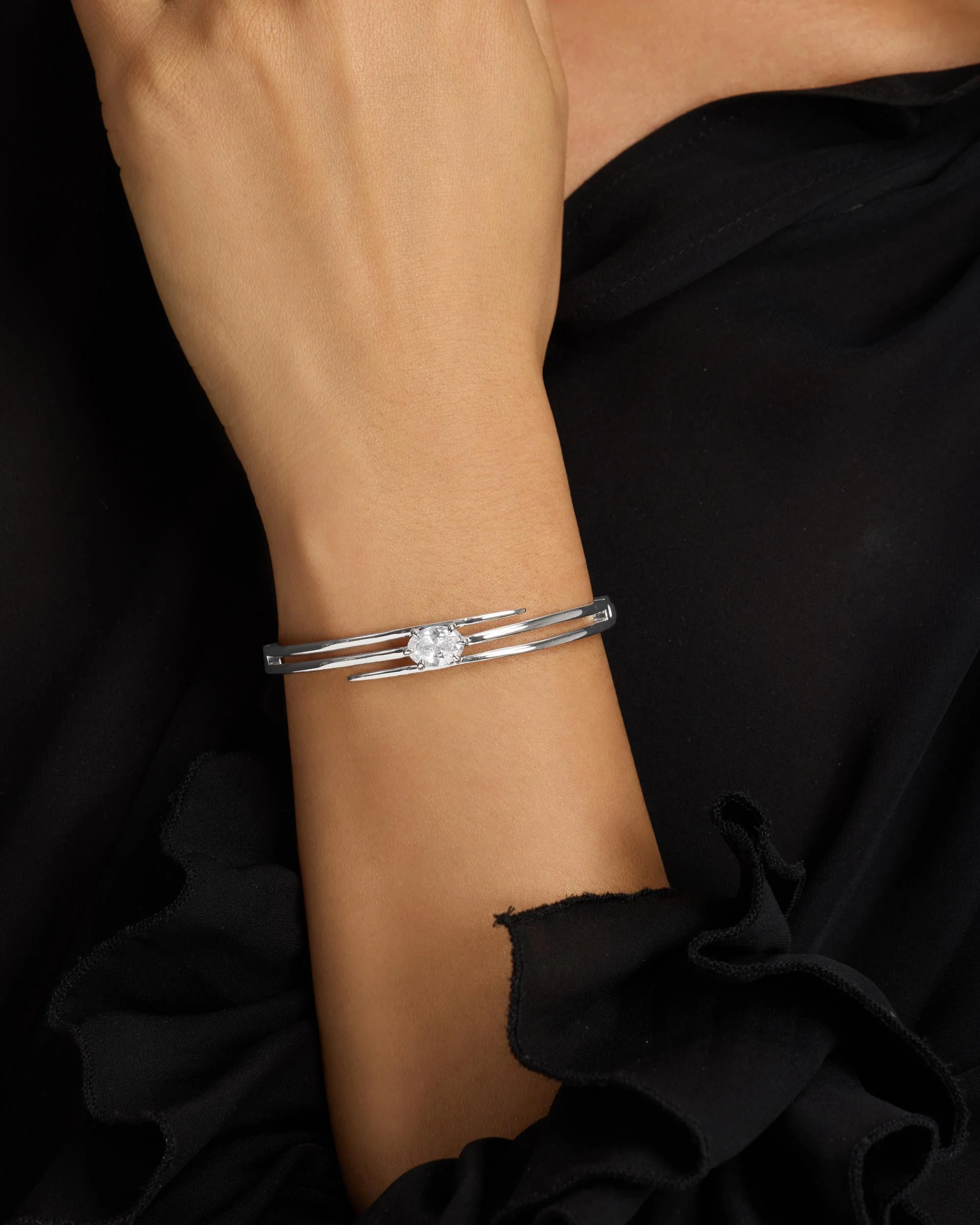 She's on Point Lasso Cuff - Silver|White Diamondettes - Image 2